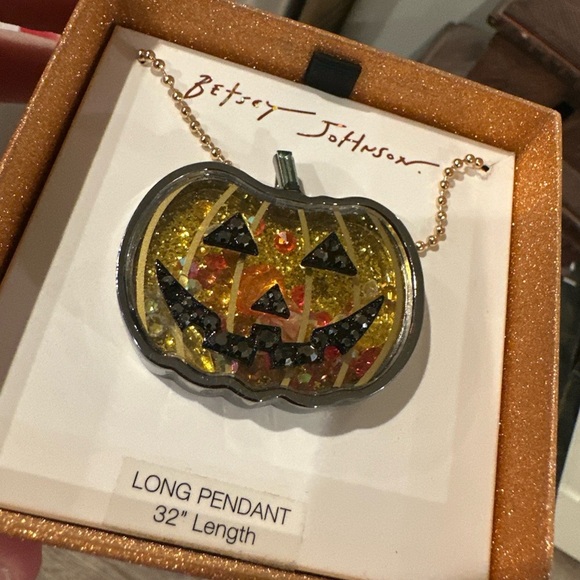 Betsey Johnson Pumpkin Pendant Necklace Halloween Glitter Jack O Lantern - Picture 2 of 4